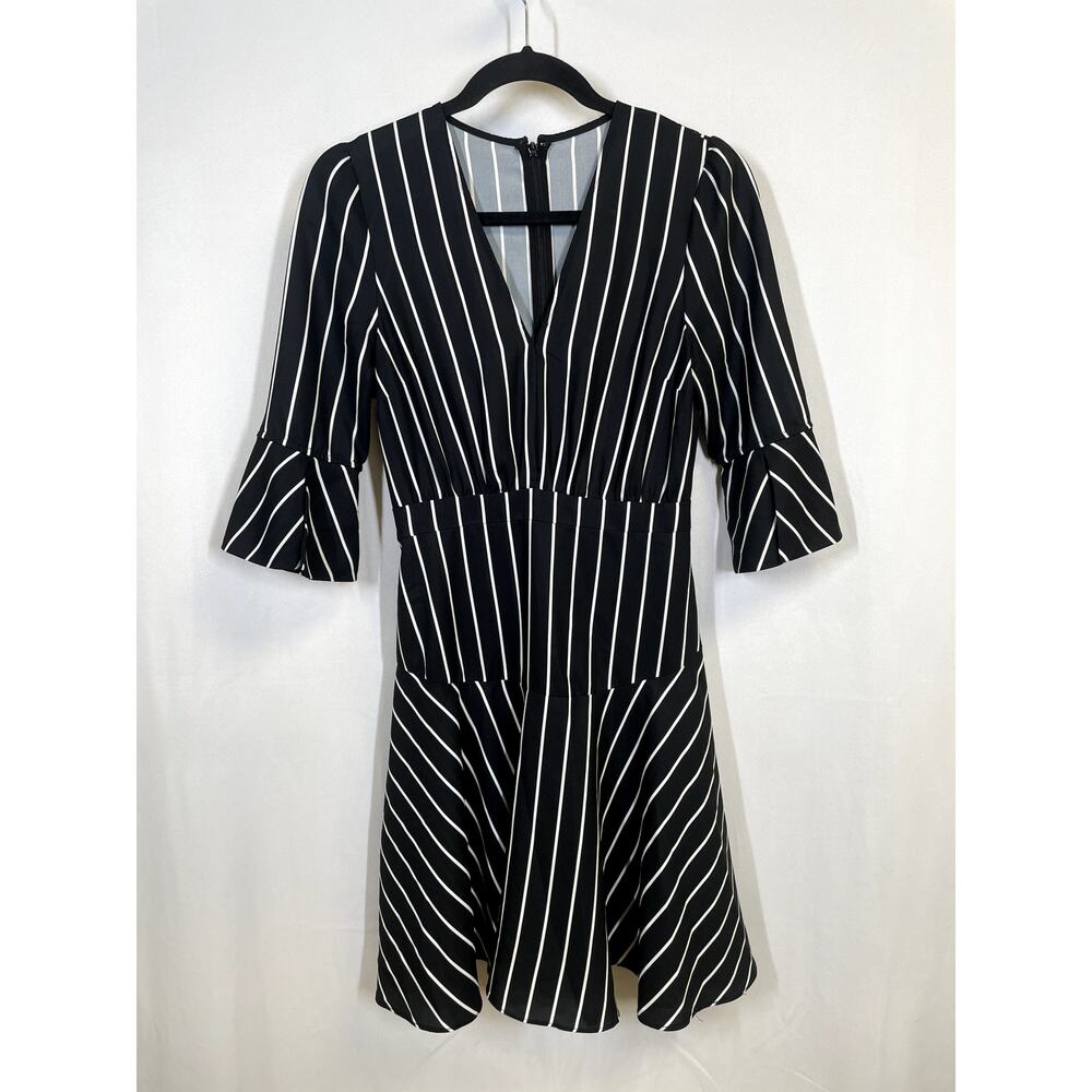 FAME AND PARTNERS Lipton Stripe Fit & Flare Mini Dress V-Neck Black Size 2
